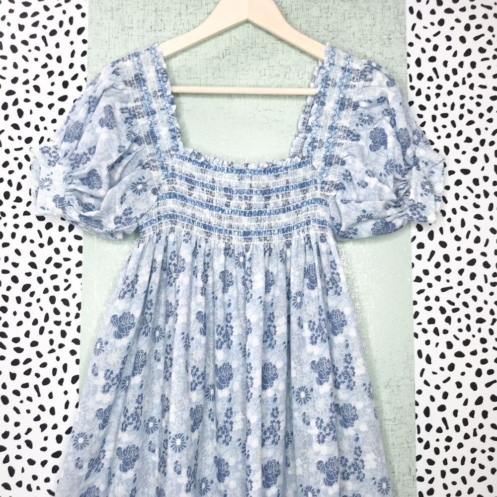 Vintage Blue Floral Balloon Sleeve Midi Dress